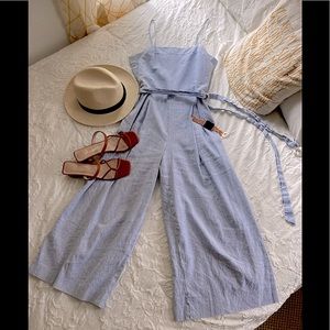 Blue Pinstriped Cropped Spaghetti Strap Jumpsuit